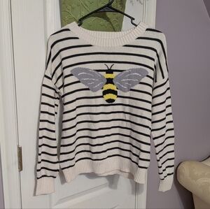 LOFT Black and White Striped Sweater with Bee Design